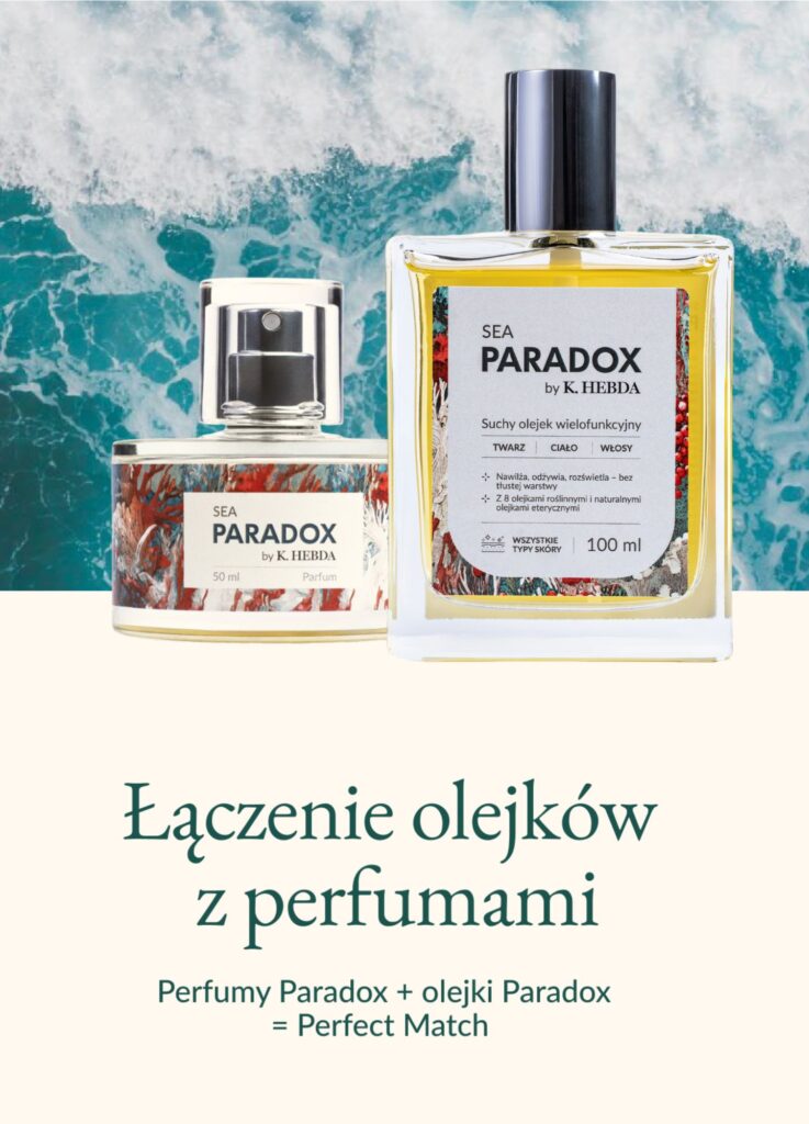 Perfumy Sea Paradox i suchy olejek Sea Paradox marki K. Hebda na tle morskiej piany — zestaw do layeringu zapachów.